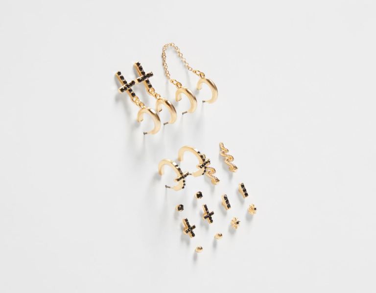 Gold Women's Bershka Set Of 9 Earrings With Rhinestone Snake And Cross Jewelry | 8TIUb2eZcQV