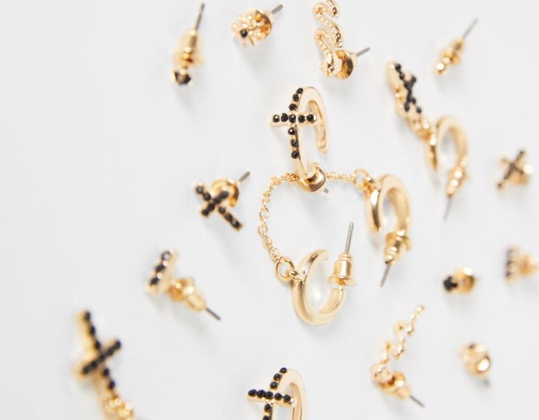 Gold Women's Bershka Set Of 9 Earrings With Rhinestone Snake And Cross Jewelry | 8TIUb2eZcQV