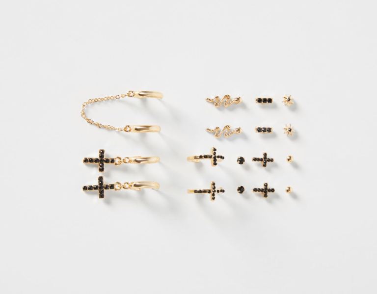 Gold Women's Bershka Set Of 9 Earrings With Rhinestone Snake And Cross Jewelry | 8TIUb2eZcQV