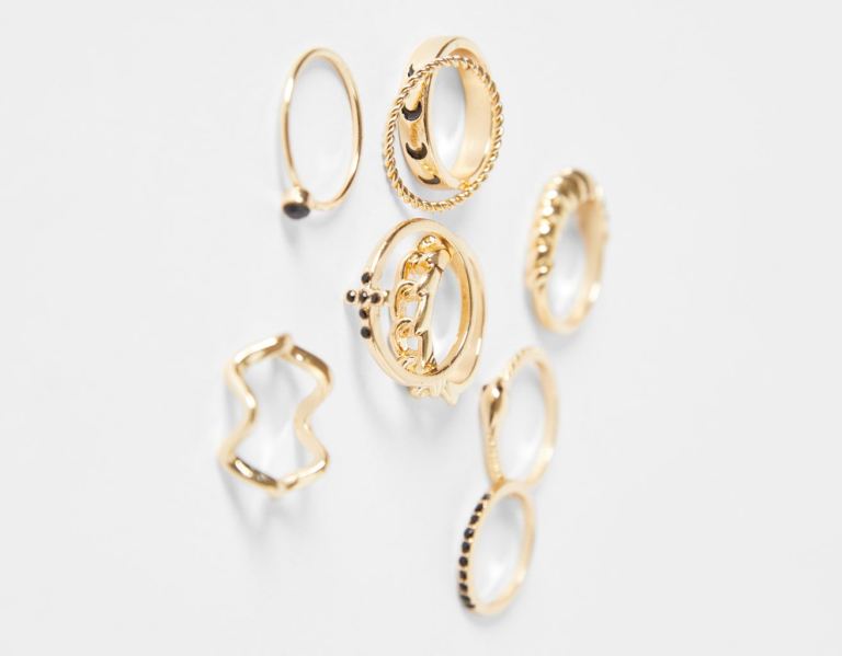 Gold Women's Bershka Set Of 9 Rhinestone Cross Rings Jewelry | JFaOoM5BYKj