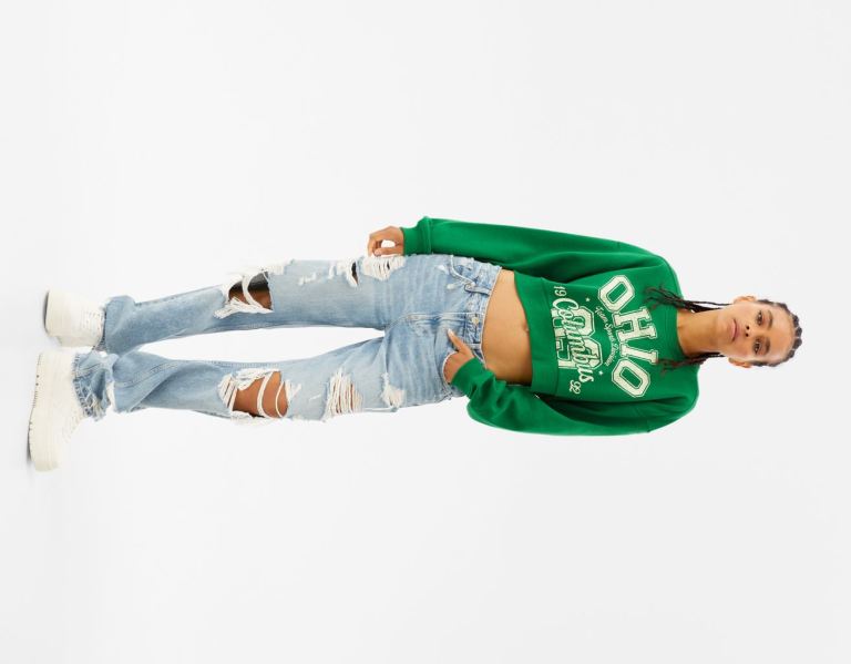 Green Women's Bershka Cropped Printed Sweatshirts | JA3mgz5vHiT