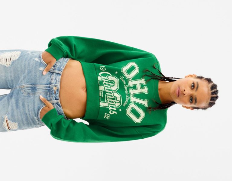 Green Women\'s Bershka Cropped Printed Sweatshirts | JA3mgz5vHiT