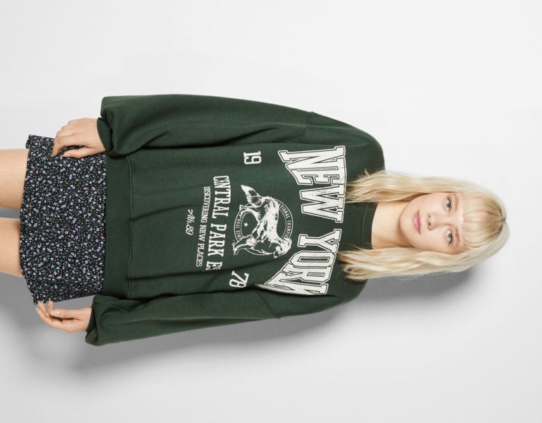 Green Women\'s Bershka Oversize Printed Sweatshirts | ABojNrw4fjN