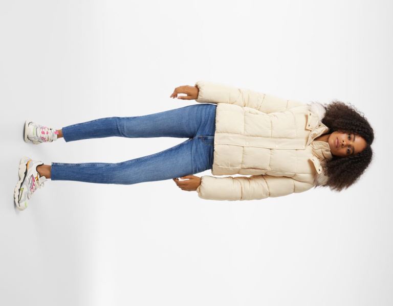 Grey Women's Bershka Puffer With Faux Fur Hood Jackets | MrP1mt6pd7x