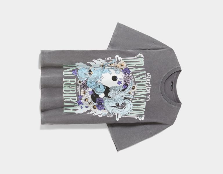 Grey Women's Bershka Short Sleeve With Print T Shirts | dfvkWIjtQJN