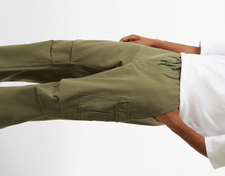 Khaki Men's Bershka Cargo Parachute Jeans Pants | 86Lpxkf1WVc