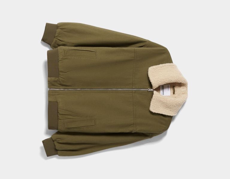 Khaki Women's Bershka Aviator Bomber With Faux Fur Collar Jackets | 7RqHJdEzdjR