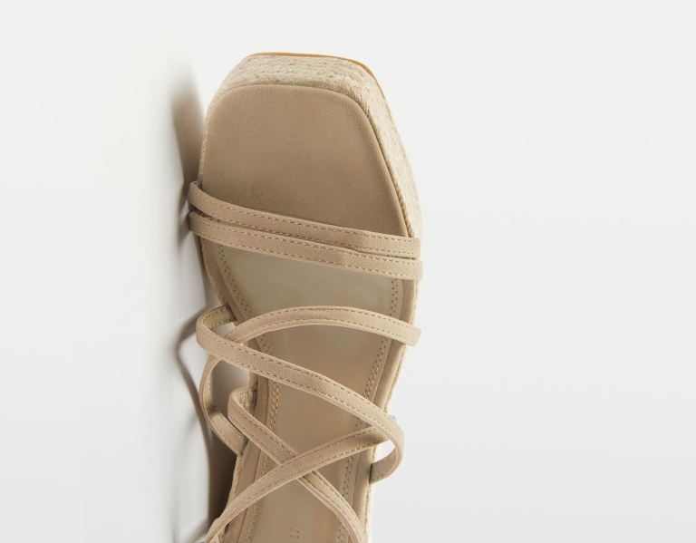 Khaki Women's Bershka Jute Wedge Cage Heels Sandals | GY1KxGzK30y