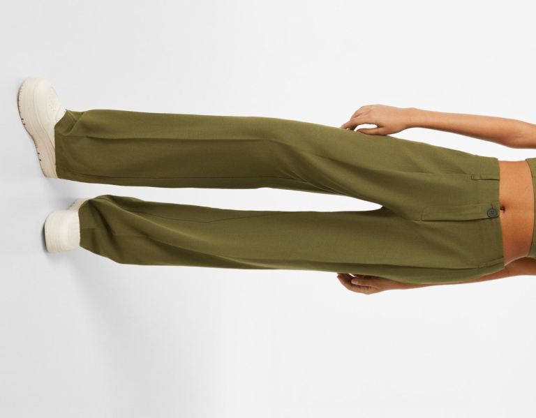 Khaki Women's Bershka Rustic Fabric Wide-leg Pants | ollr1iwnqOd