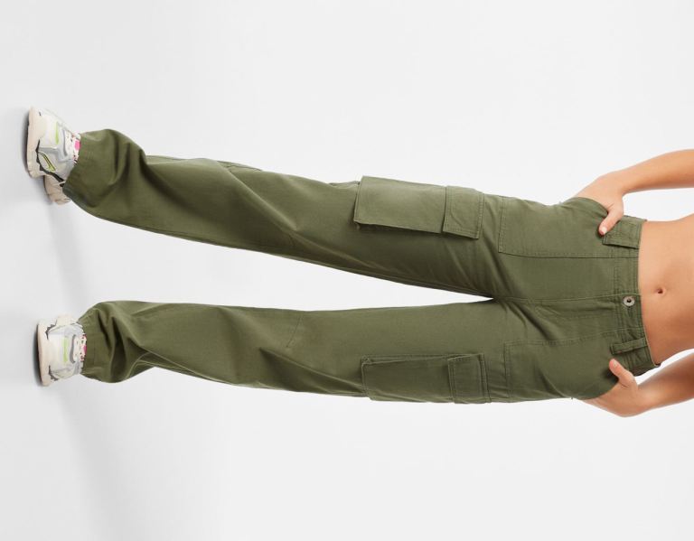 Khaki Women's Bershka Straight Fit Cargo Pants | mNBHgTmgfKW