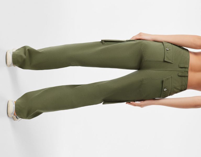 Khaki Women's Bershka Straight Fit Pants Cargo | lzUhaL0g4Yk