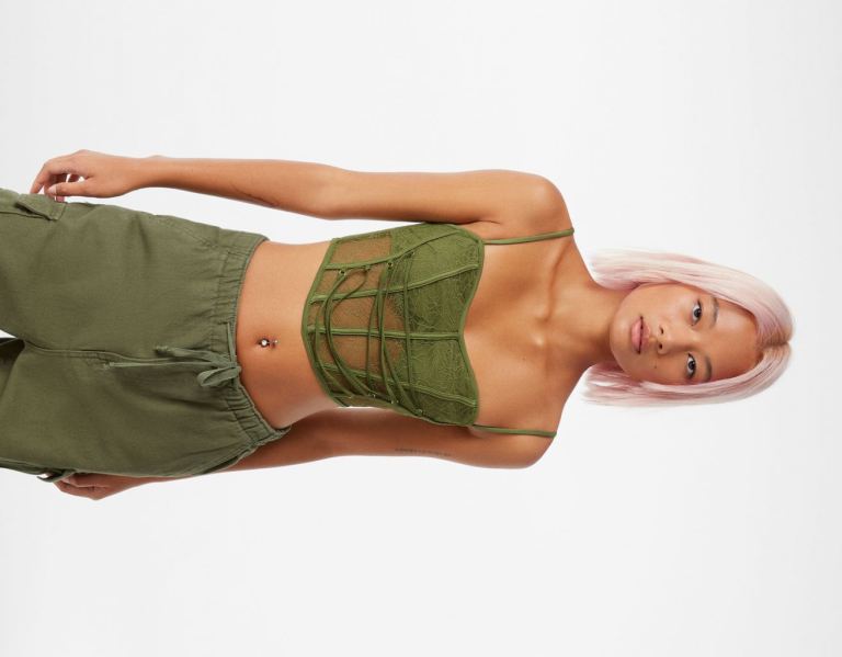 Khaki Women\'s Bershka Strappy Corset With Lace Tops | 3hswe0jABfS