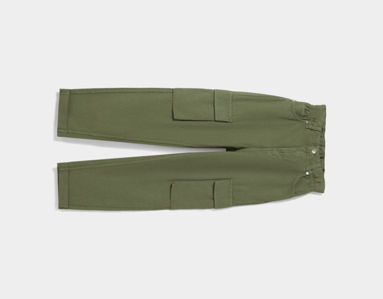 Khaki Women's Bershka Twill Cargo With Gathered Waist Pants | 9vtxqTkUbyp