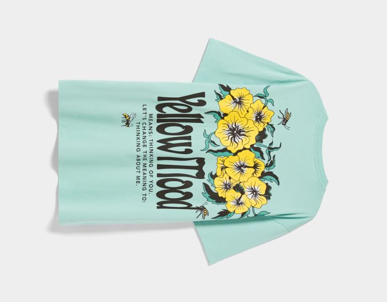 Light Blue Men's Bershka Floral-print Easy-fit Short Sleeve T Shirts | K1nKJnCvlmT