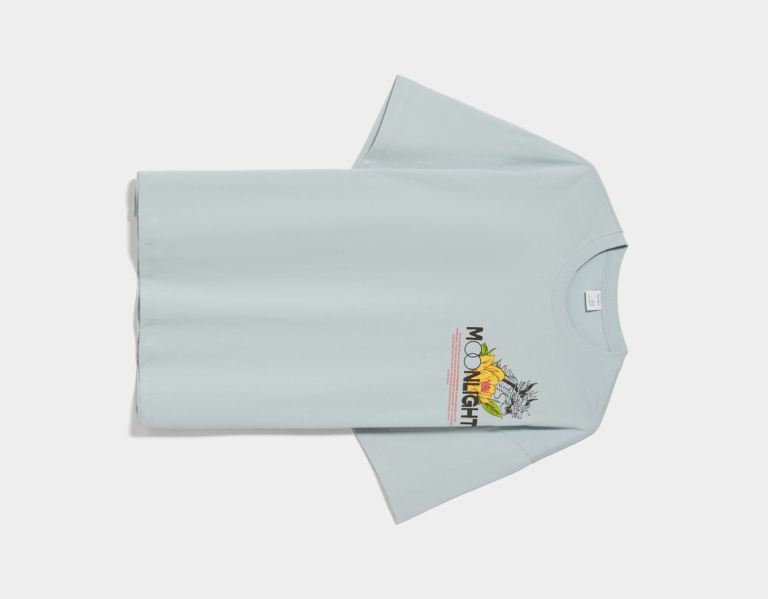 Light Blue Men's Bershka Printed Boxy Fit Short Sleeve T Shirts | Q1K2n7fFoTH