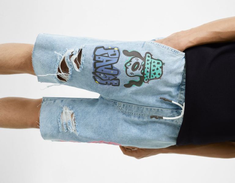 Light Blue Men's Bershka Printed Denim Sweatpants-style Bermuda Shorts | VzdBKmmTKZn