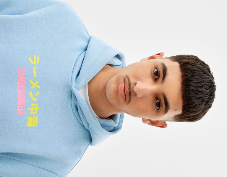 Light Blue Men's Bershka Printed Hoodie | dwbcinlThP0