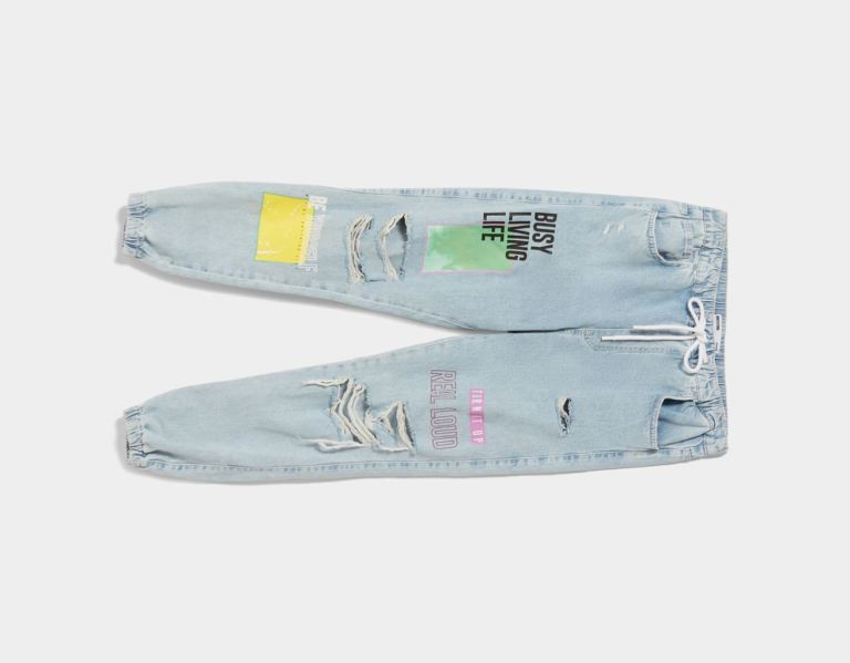 Light Blue Men's Bershka Ripped Printed Jogger Jeans | 8heJTEqSxou