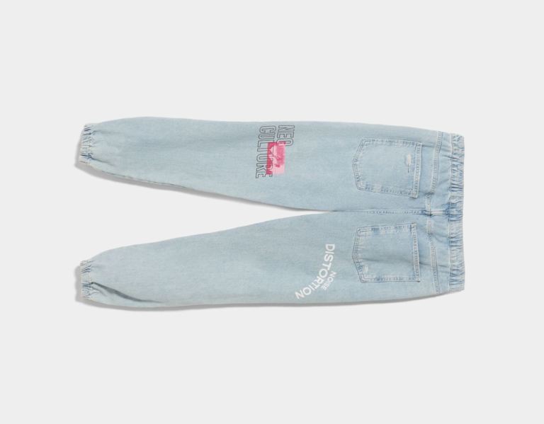 Light Blue Men's Bershka Ripped Printed Jogger Jeans | 8heJTEqSxou