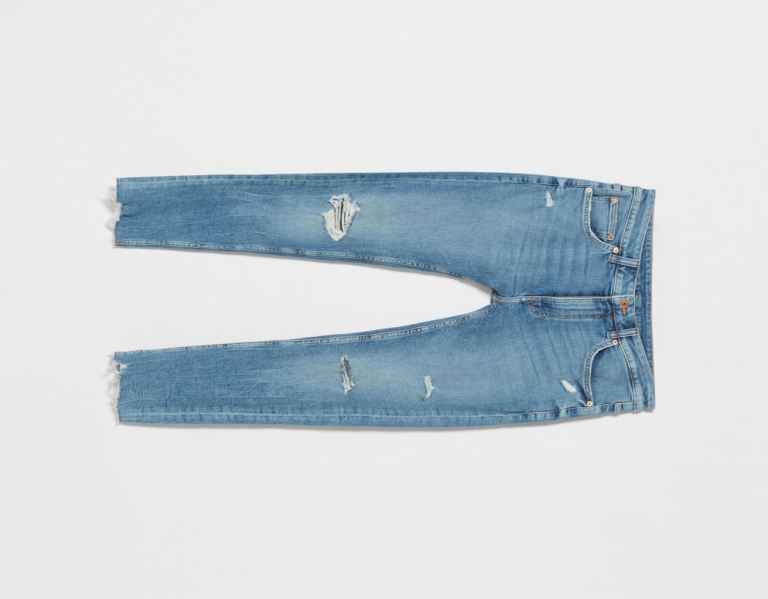 Light Blue Men's Bershka Super Skinny Ripped Jeans | KJNqWHcBc0U