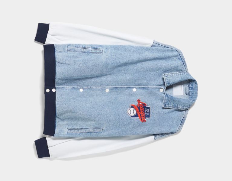 Light Blue Men's Bershka Varsity Bomber With Patches Jackets | q8EJhPZnfnu