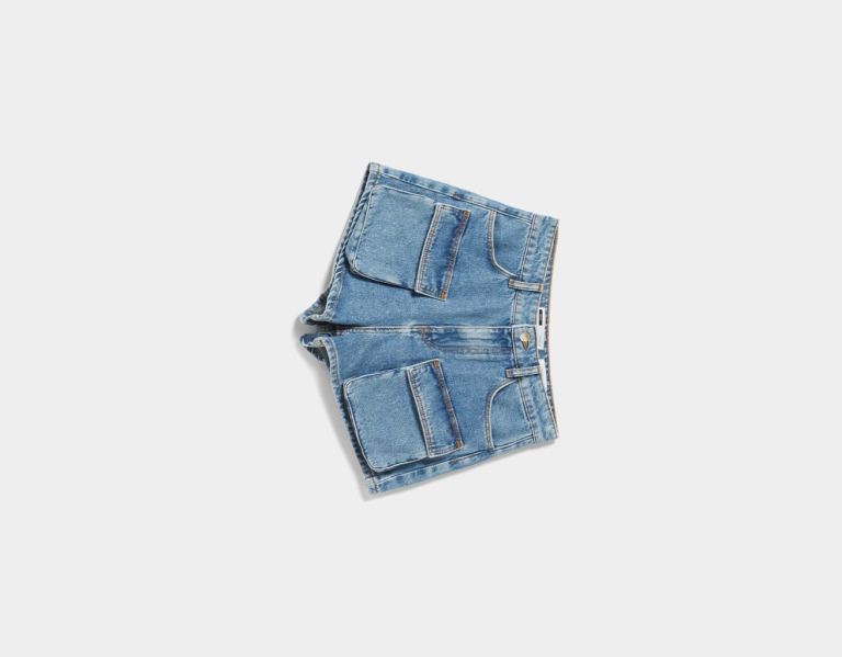 Light Blue Women's Bershka Denim Cargo Shorts | wLyY1H57AQe