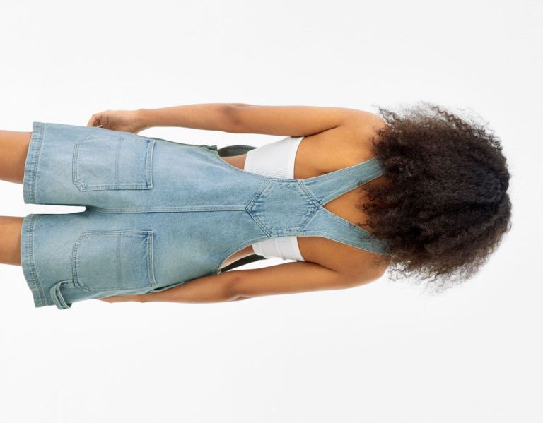 Light Blue Women's Bershka Denim Overalls With Carpenter Details Dress | AL451fHicUo