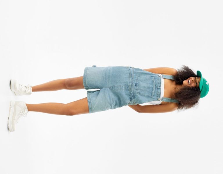 Light Blue Women's Bershka Denim Overalls With Carpenter Details Shorts | jfroe961QPO