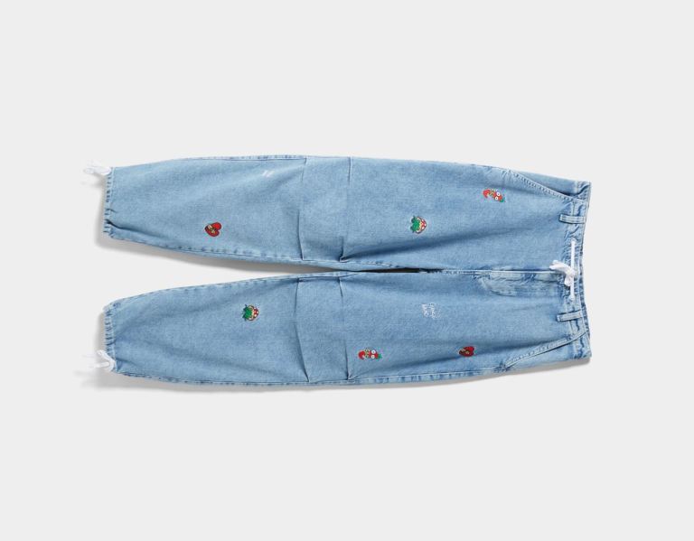 Light Blue Women's Bershka Embroidered Parachute Jeans | afjFSCQrSR8