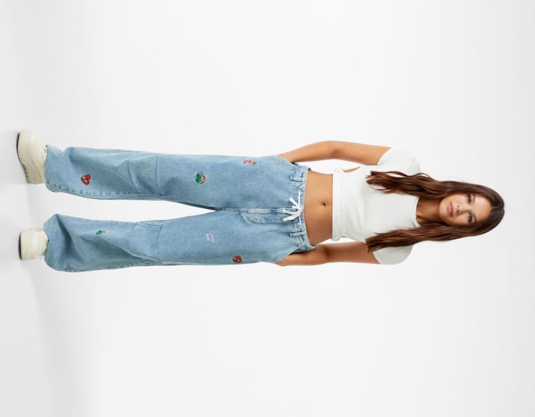 Light Blue Women\'s Bershka Embroidered Parachute Jeans | afjFSCQrSR8