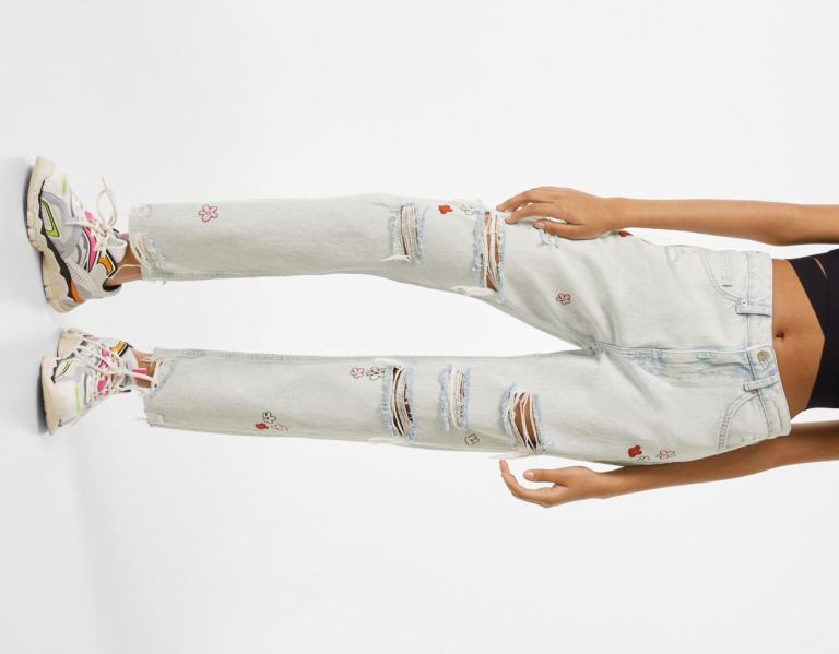 Light Blue Women's Bershka Floral Embroidered Ripped Mom Fit Jeans | 11Nok5GOD9y