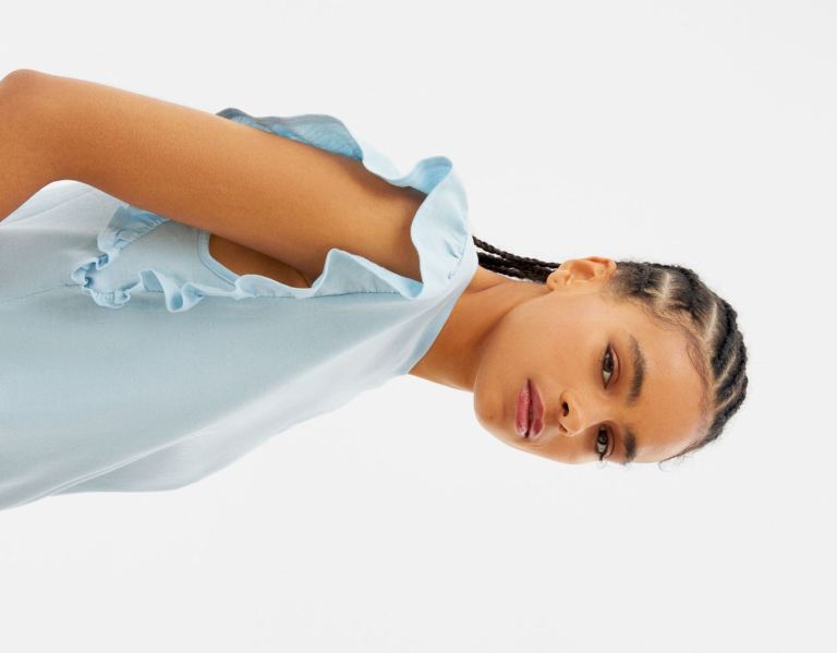 Light Blue Women's Bershka Frilled Sleeve T Shirts | zQQ1NCIZisZ