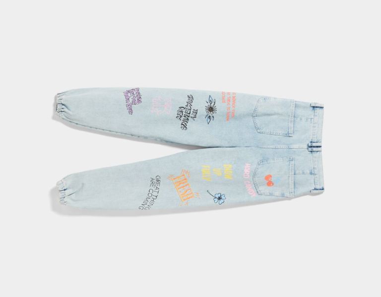 Light Blue Women's Bershka Graffiti Print Jogger Jeans | fys4E6TZnOB