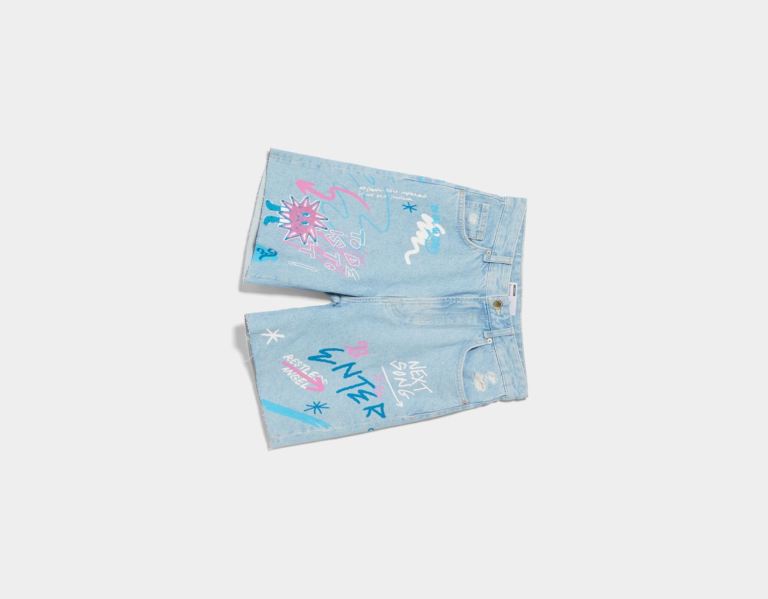 Light Blue Women's Bershka Printed Denim With Patch Shorts | c3YGOyMaYpc