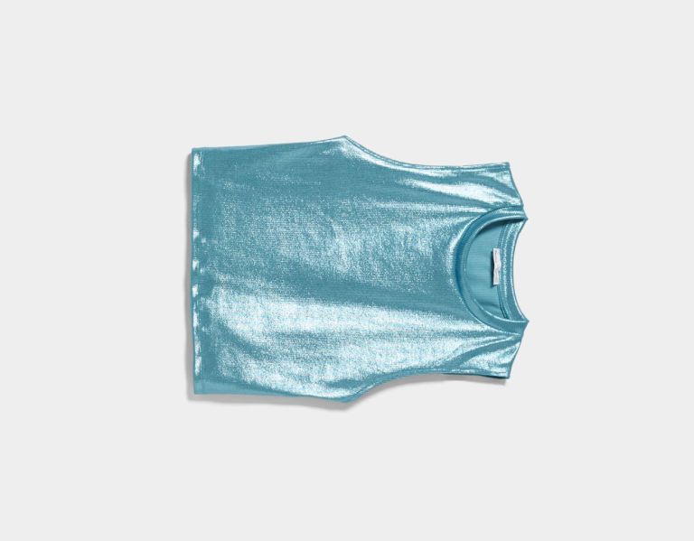 Light Blue Women's Bershka Ribbed Foil Sleeveless Tops | 0hiREVVbAfh