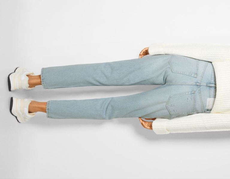 Light Blue Women's Bershka Ripped Mom Jeans | 0WnIO3bZWAj