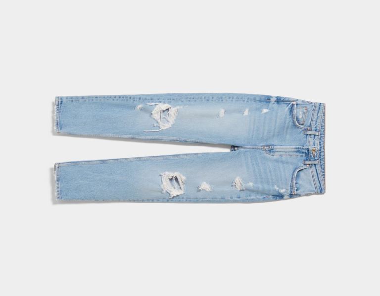 Light Blue Women's Bershka Ripped Relax Fit Jeans | 9uaaqymAVdE