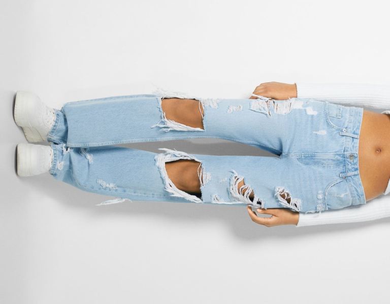 Light Blue Women's Bershka Ripped Straight Vintage Jeans | CXGqElA6DGf