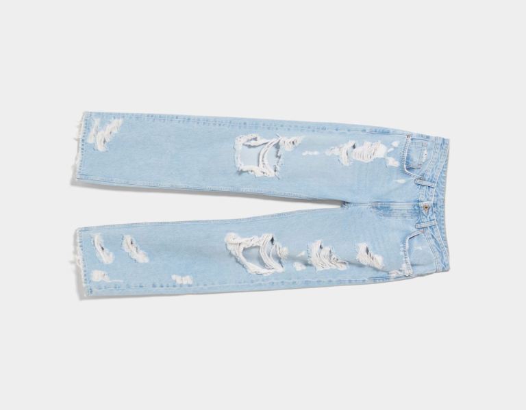 Light Blue Women's Bershka Ripped Straight Vintage Jeans | CXGqElA6DGf