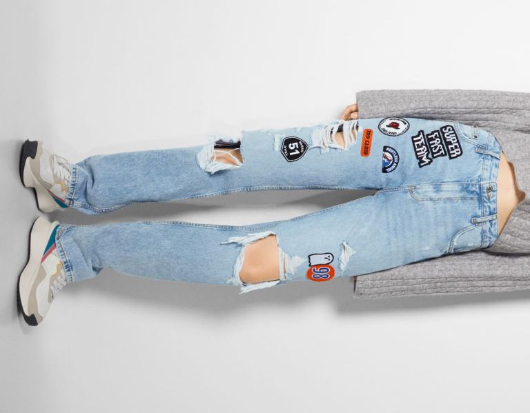 Light Blue Women's Bershka Ripped Straight Fit With Patches Jeans | y77HOYkAxfg