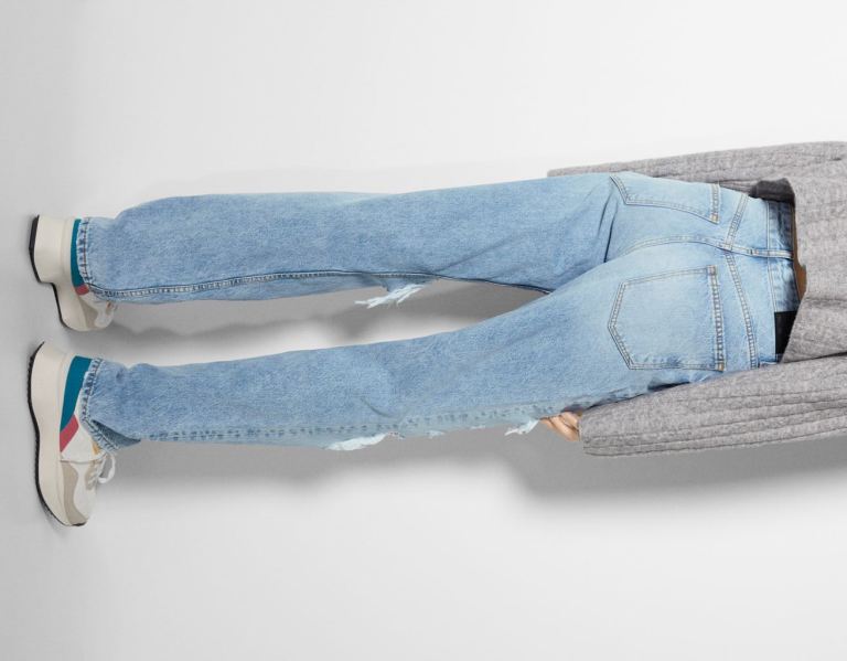 Light Blue Women's Bershka Ripped Straight Fit With Patches Jeans | y77HOYkAxfg