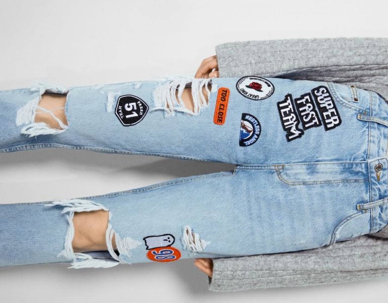 Light Blue Women's Bershka Ripped Straight Fit With Patches Jeans | y77HOYkAxfg