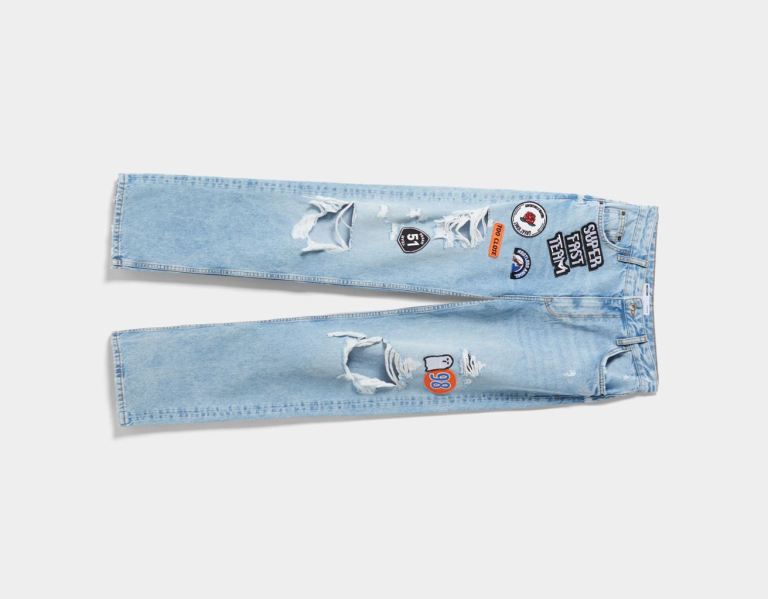 Light Blue Women's Bershka Ripped Straight Fit With Patches Jeans | y77HOYkAxfg