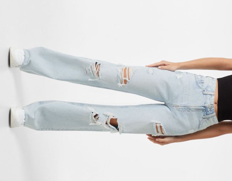 Light Blue Women's Bershka Ripped Wide-leg ’90s Jeans | QCf3rJVehMR