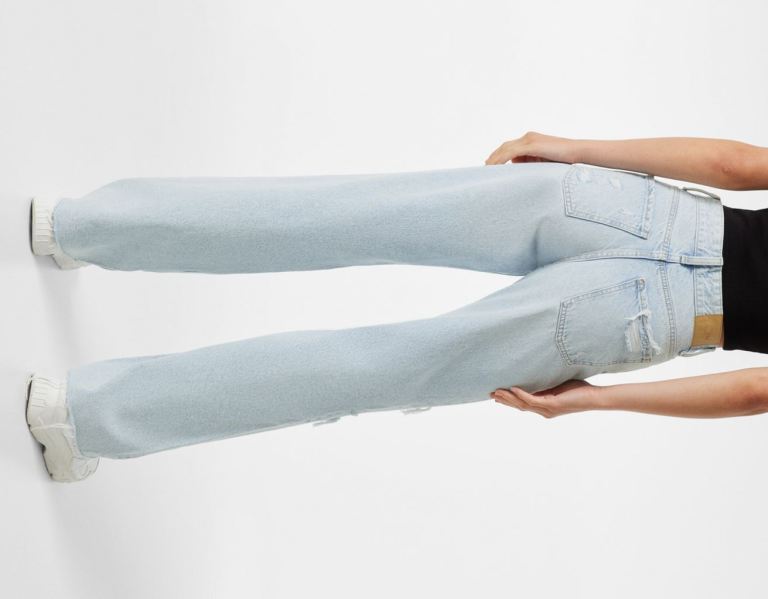 Light Blue Women's Bershka Ripped Wide-leg ’90s Jeans | QCf3rJVehMR