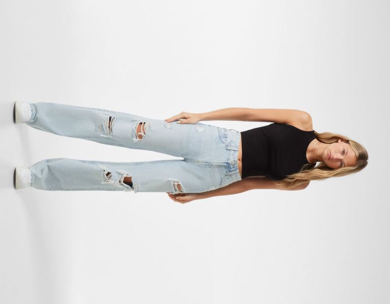 Light Blue Women\'s Bershka Ripped Wide-leg ’90s Jeans | QCf3rJVehMR