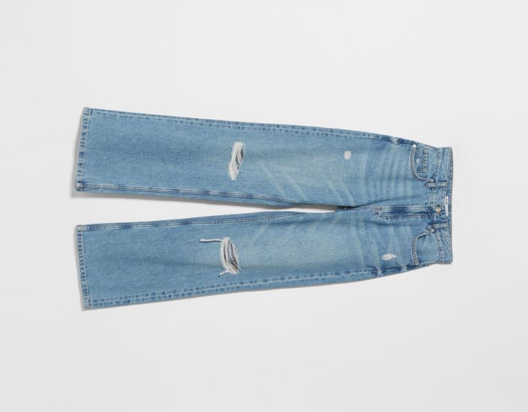 Light Blue Women's Bershka Ripped Wide-leg ’90s Jeans | hjpvnEOwQoK