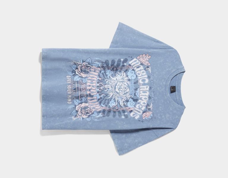 Light Blue Women's Bershka Short Sleeve Faded Effect Print T Shirts | guynP6YAze0