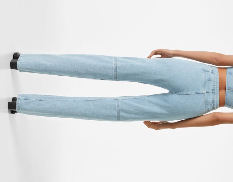 Light Blue Women's Bershka Straight Fit With Biker Details Jeans | FFWi5Uh7aAL