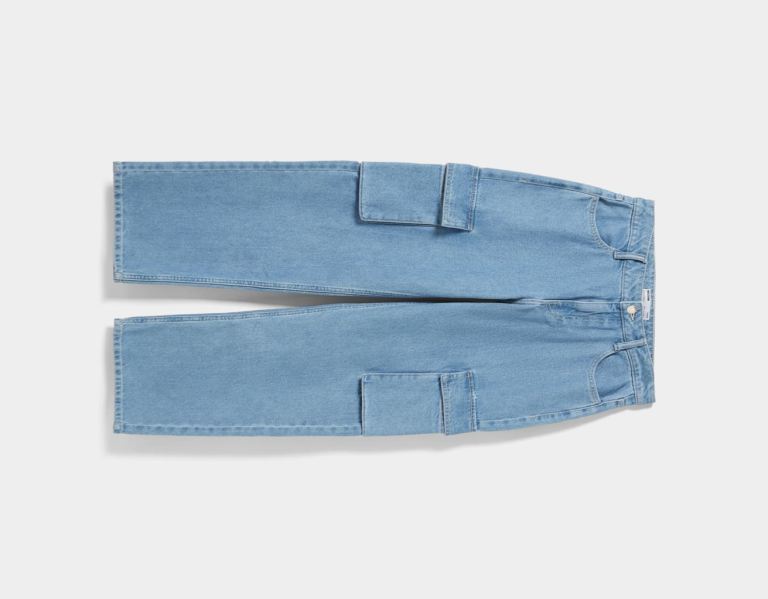 Light Blue Women's Bershka Straight-fit Cargo Jeans | RmKpl1TEkOh